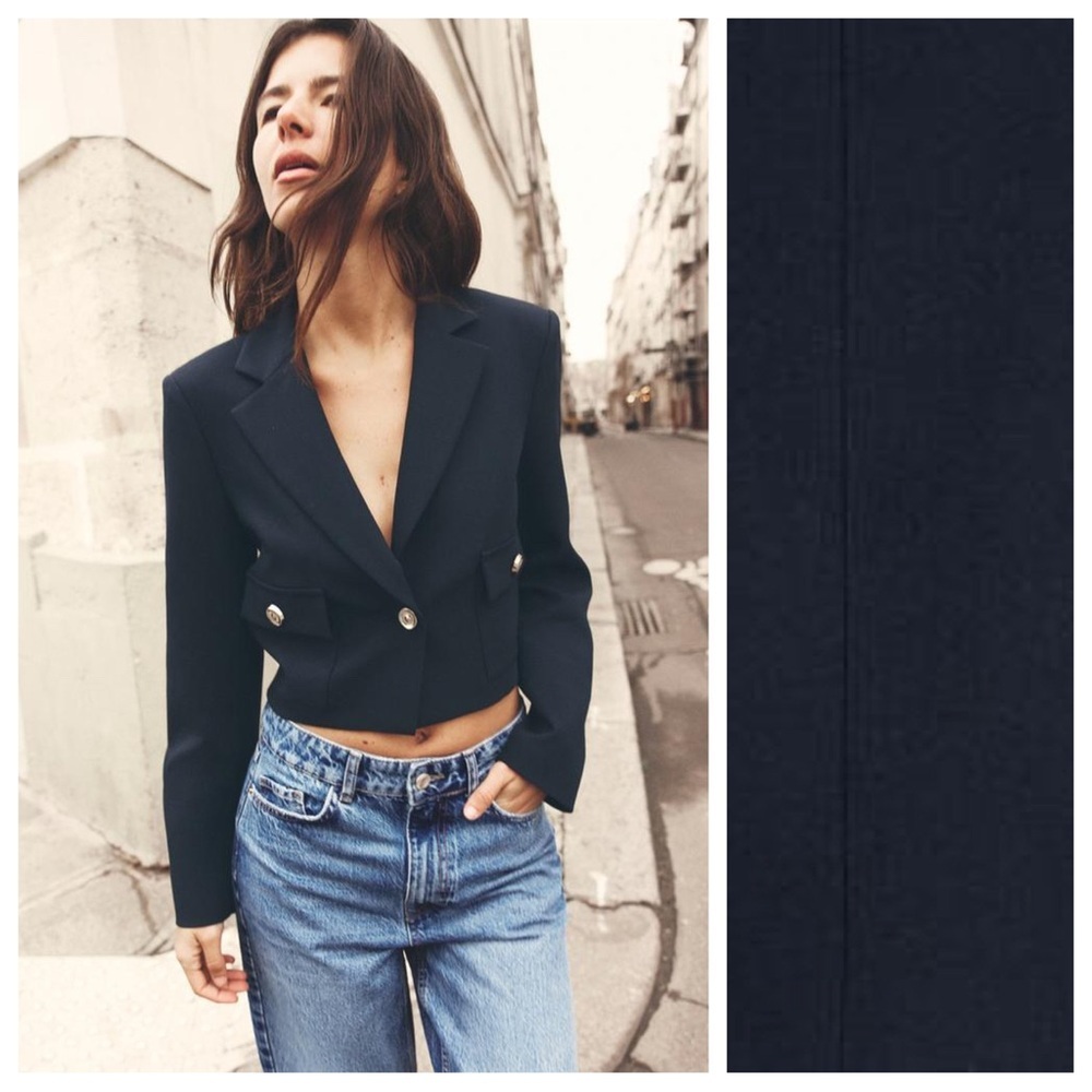 NWT. Zara Navy Blue Viscose Blend Cropped Blazer/Jacket. Size L.